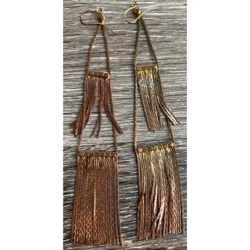 Vintage Copper Rose Gold Long Tassle Multi Start and Dangle Earrings White Stone